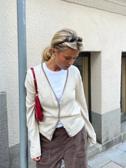Knitwear|Sets>Djerf Avenue Contrast V-neck Cardigan Ivory