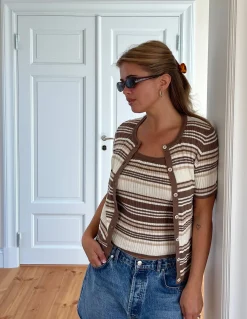 T-Shirts & Tops|Knitwear>Djerf Avenue Knitted Short Sleeve Cardigan Brown Stripe