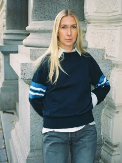 Sweaters|Knitwear>Djerf Avenue Striped Sleeve Crewneck Blue