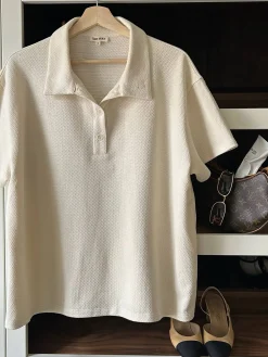T-Shirts & Tops>Djerf Avenue Textured Polo Top Cream